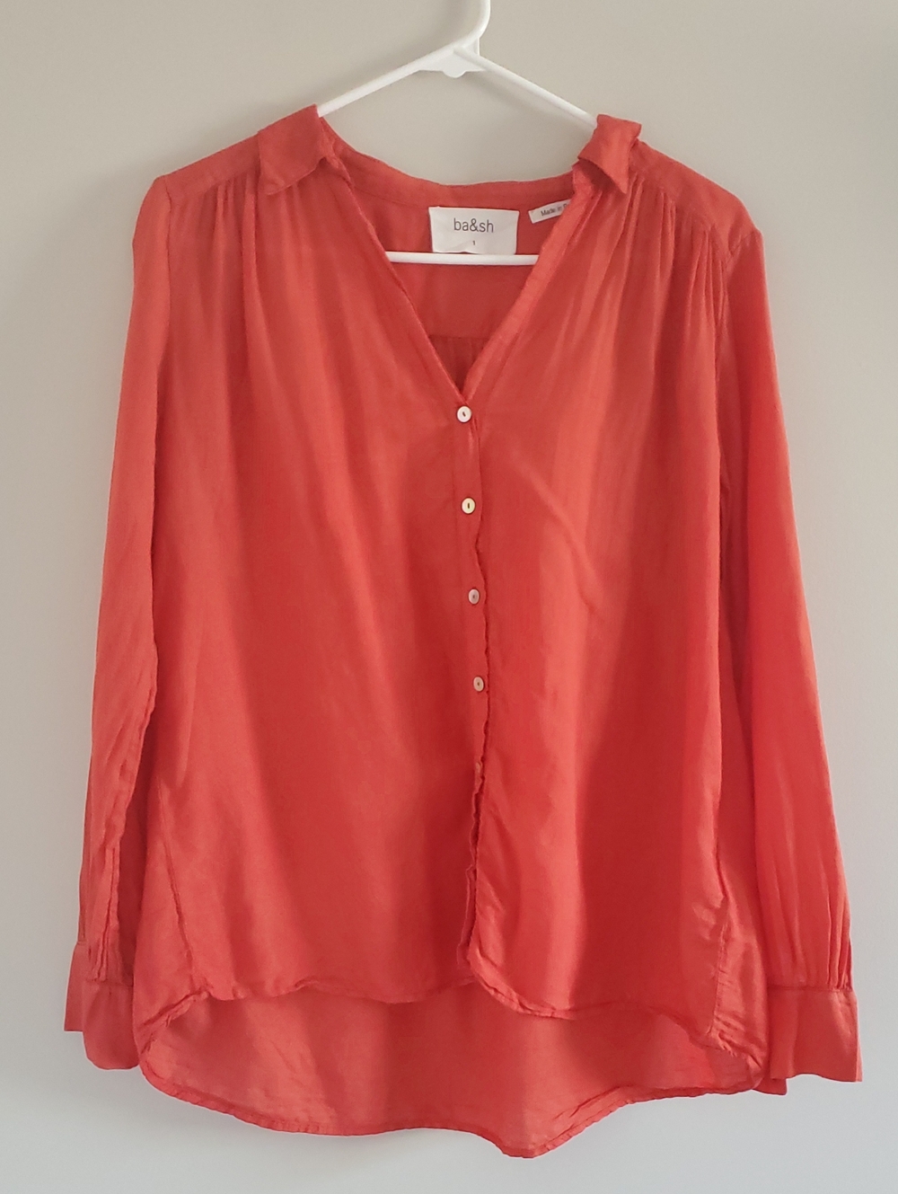 ba&sh Coral Red Button-Front Long Sleeve Cotton Shirt Sz 6 Relaxed Fit Casual